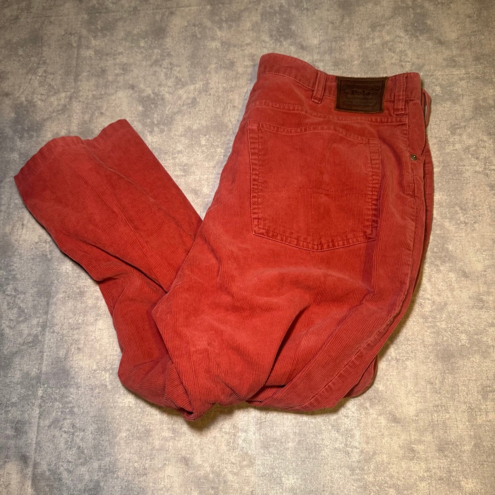 Polo Ralph Lauren Mens Red Corduroy Straight Leg Pants 38x32 Leather Patch